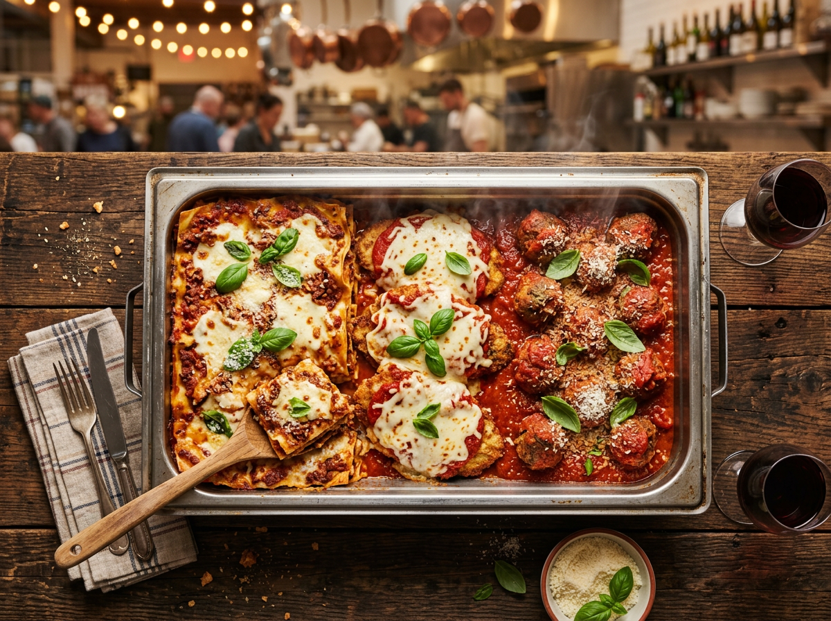 Warm hearty Italian catering tray with lasagna, chicken parmigiana, and meatballs from Cafasso's kitchen