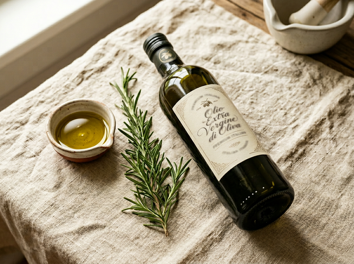 Bottle of Cafasso&rsquo;s Italian extra virgin olive oil with rosemary and a small dish of oil