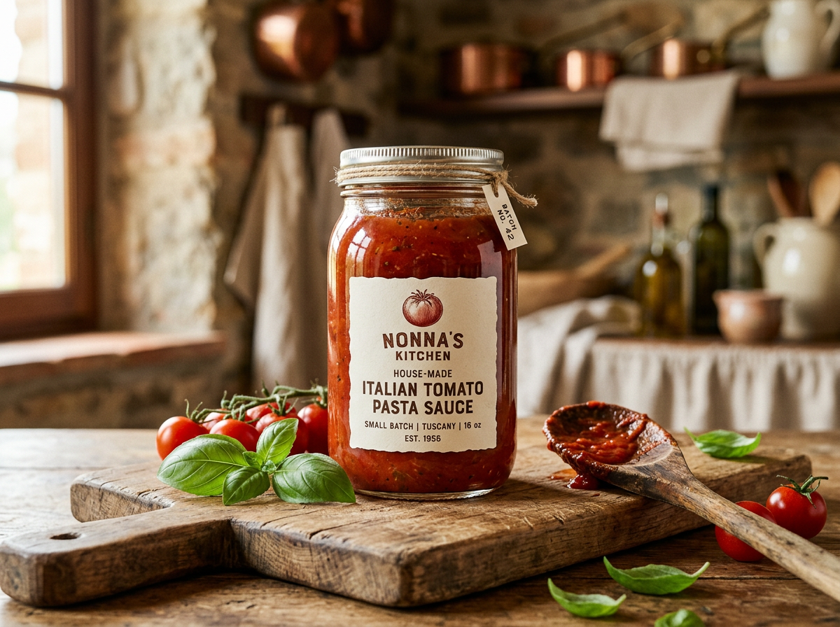 Jar of Cafasso&rsquo;s house-made Italian tomato pasta sauce with basil and fresh tomatoes