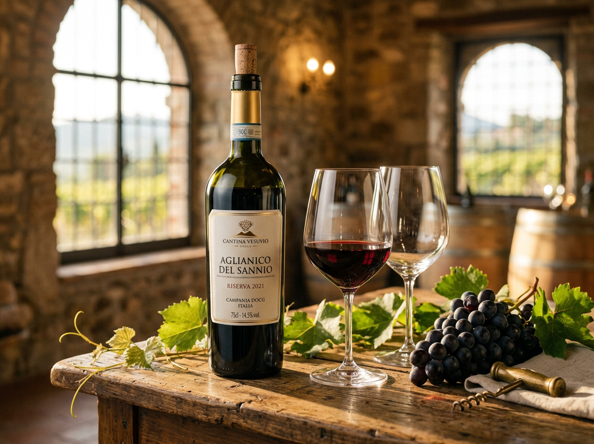 Italian red wine bottle from Avellino, Campania with two glasses and grapes