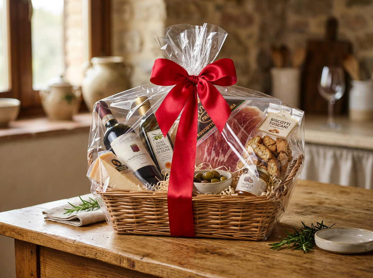 Italian gourmet gift basket with wine, olive oil, and prosciutto