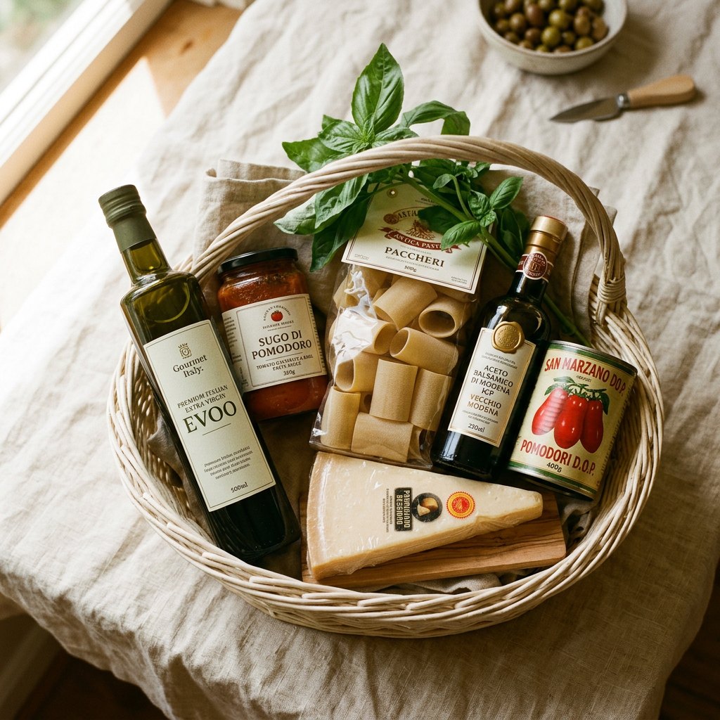 The Italian Pantry gift basket with olive oil, pasta, and tomatoes
