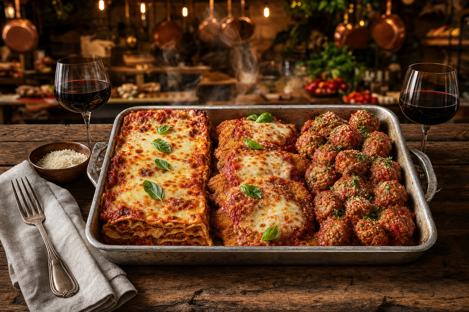 Cafasso's catering tray of lasagna, chicken parmigiana, and meatballs