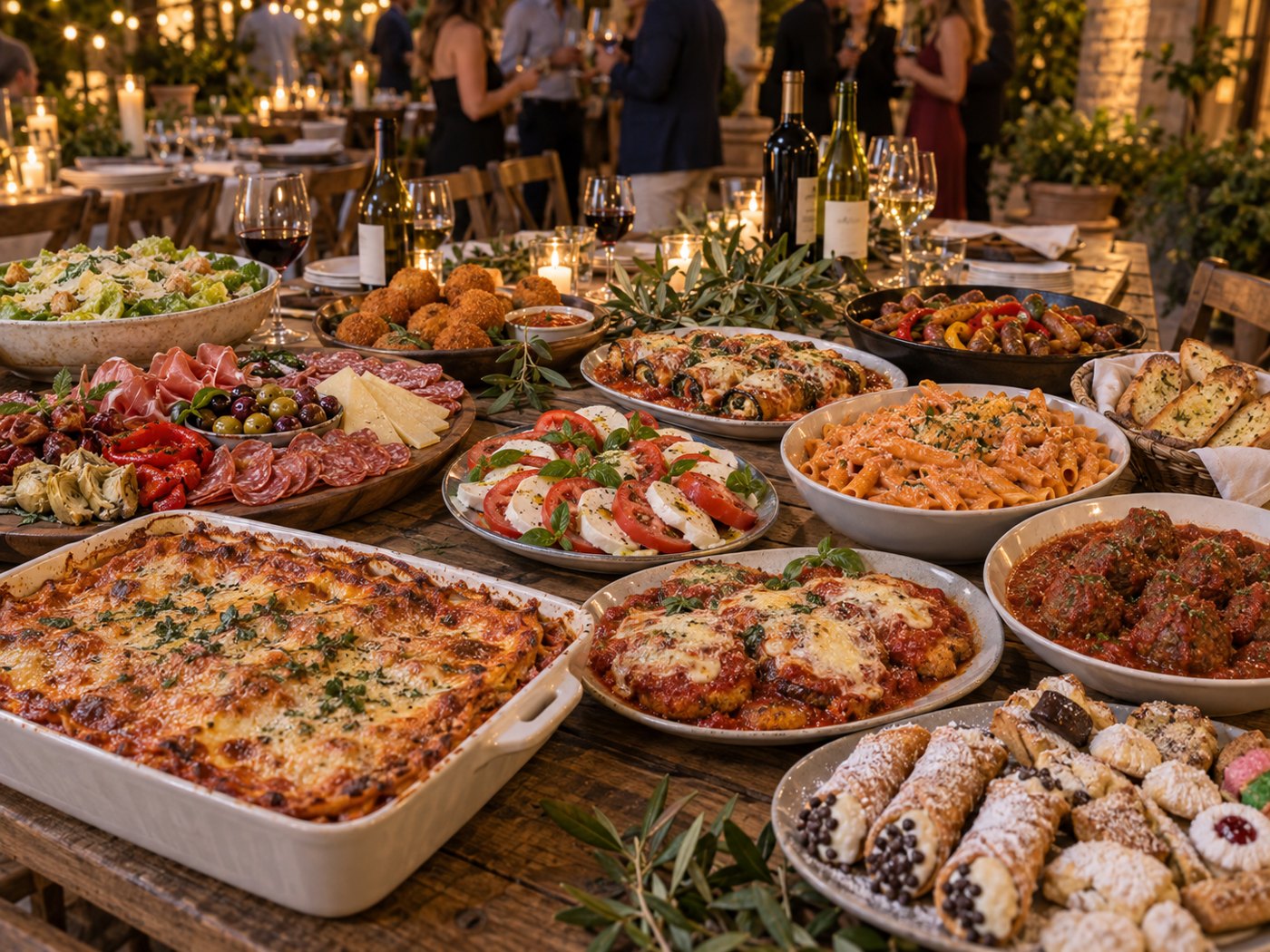 A full table of Cafasso's catering: lasagna, chicken parm, meatballs, penne alla vodka, antipasto and cannoli