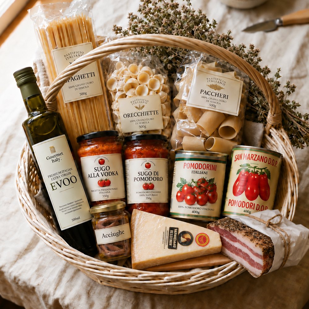 The Italian Pantry gift basket with olive oil, pasta, and tomatoes