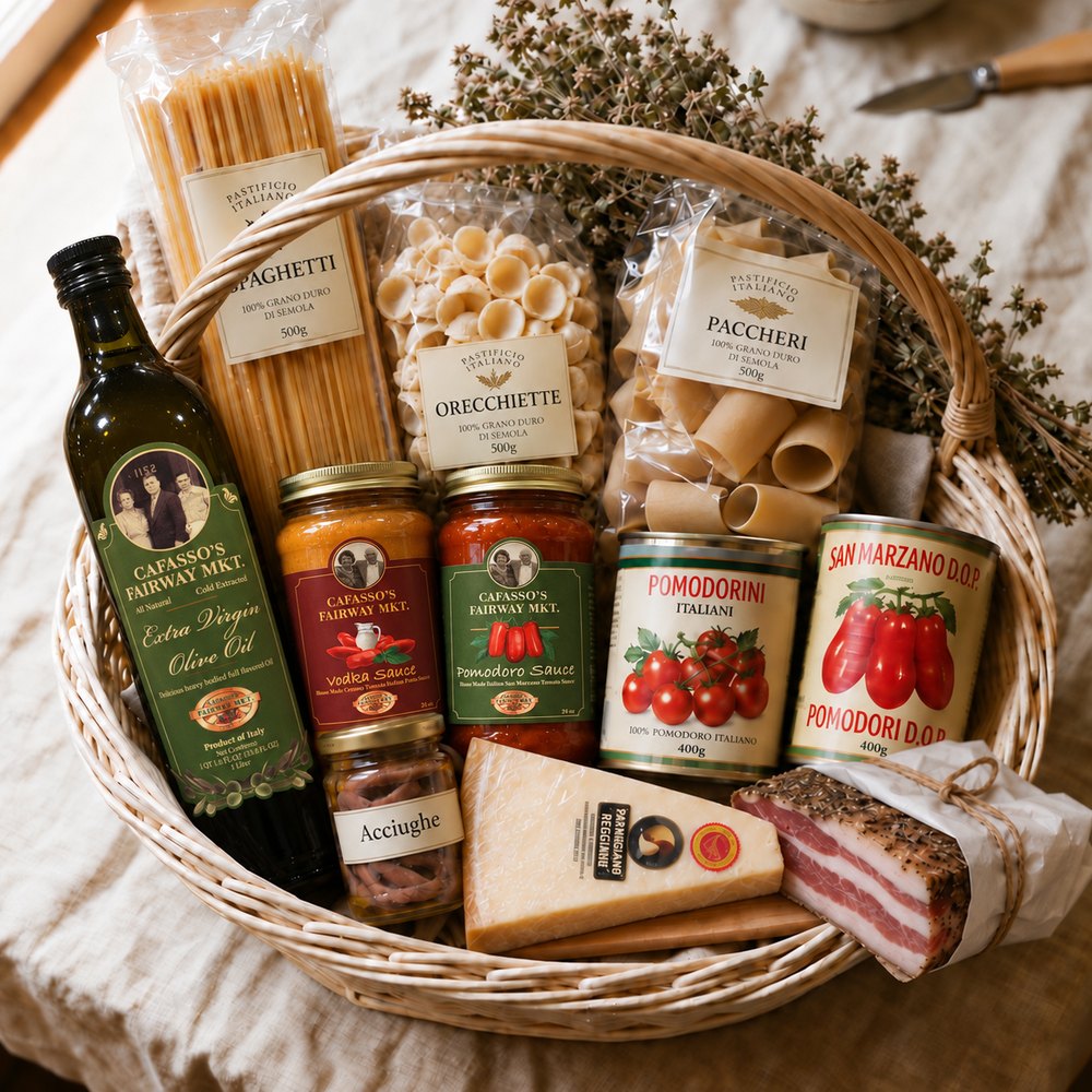 The Italian Pantry gift basket with olive oil, pasta, and tomatoes