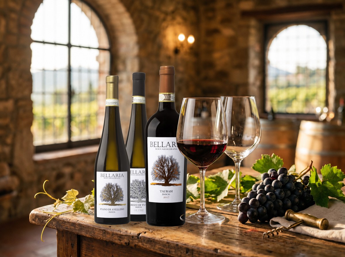 Bellaria Taurasi, Greco di Tufo and Fiano di Avellino wines with two glasses and grapes